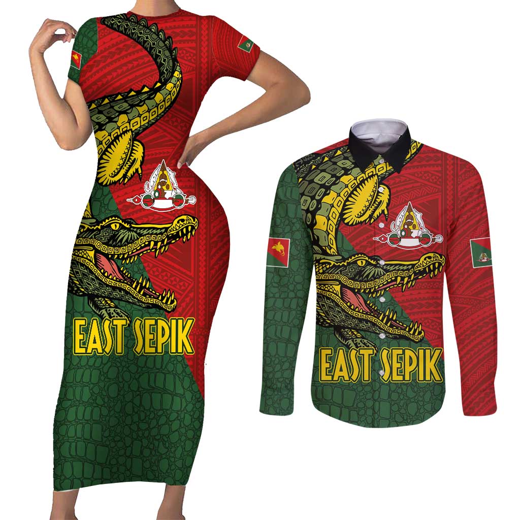Sepik River Crocodile & Arts Festival Melanesian Pattern Couples Matching Short Sleeve Bodycon Dress and Long Sleeve Button Shirt