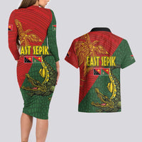 Sepik River Crocodile & Arts Festival Couples Matching Long Sleeve Bodycon Dress and Hawaiian Shirt Bird-of-paradise Melanesian Tattoo