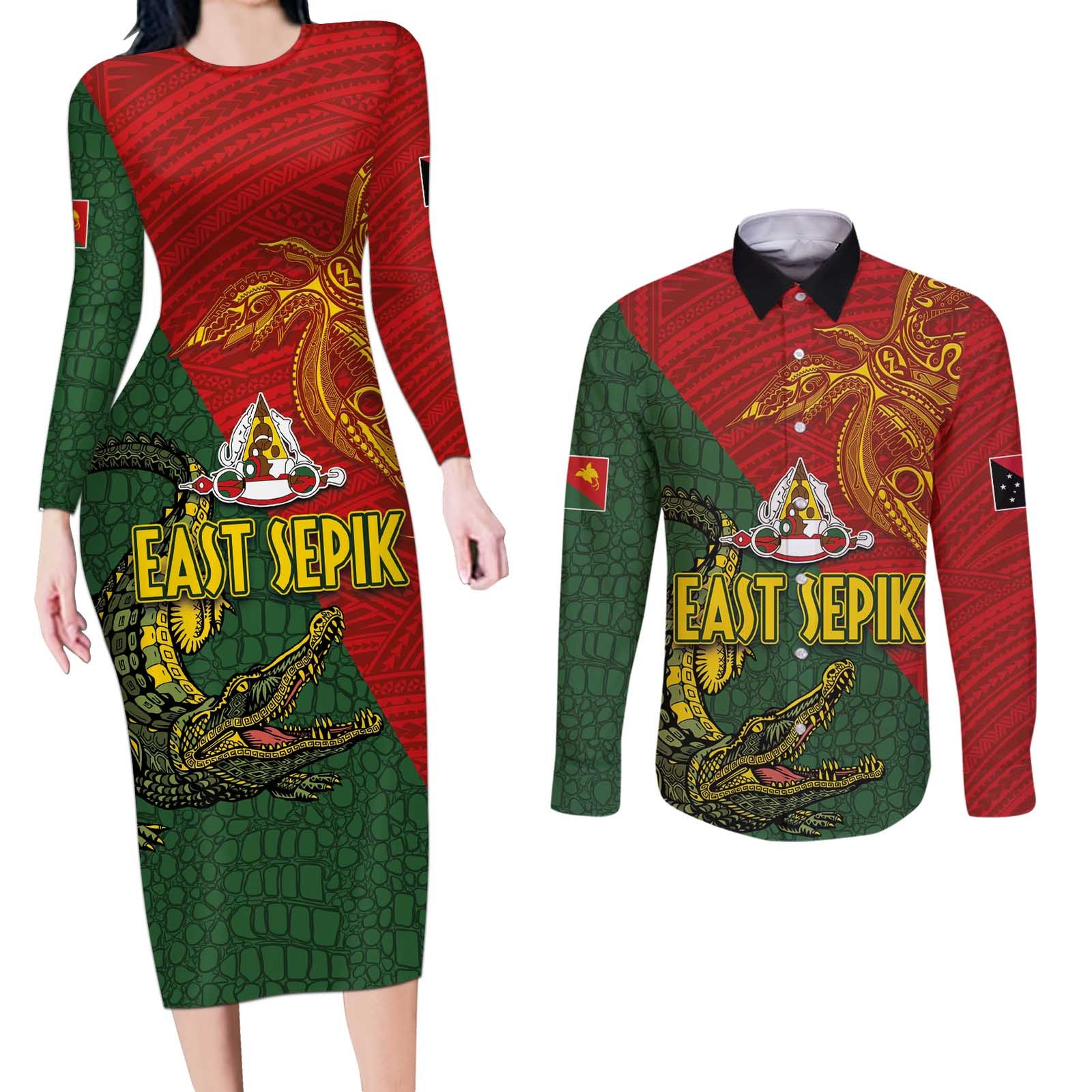 Sepik River Crocodile & Arts Festival Couples Matching Long Sleeve Bodycon Dress and Long Sleeve Button Shirt Bird-of-paradise Melanesian Tattoo