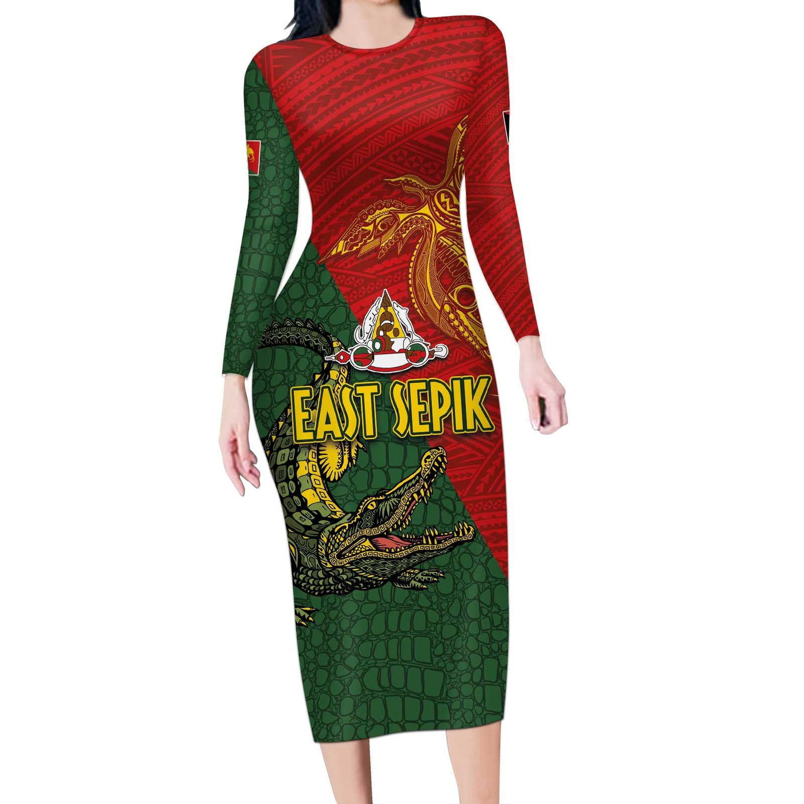 Sepik River Crocodile & Arts Festival Long Sleeve Bodycon Dress Bird-of-paradise Melanesian Tattoo LT03 Long Dress Red - Polynesian Pride
