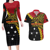 Papua New Guinea Independence Day Couples Matching Long Sleeve Bodycon Dress and Hawaiian Shirt Bird-of-paradise Melanesian Tattoo
