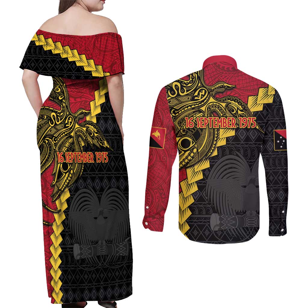 Papua New Guinea Independence Day Couples Matching Off Shoulder Maxi Dress and Long Sleeve Button Shirt Bird-of-paradise Melanesian Tattoo