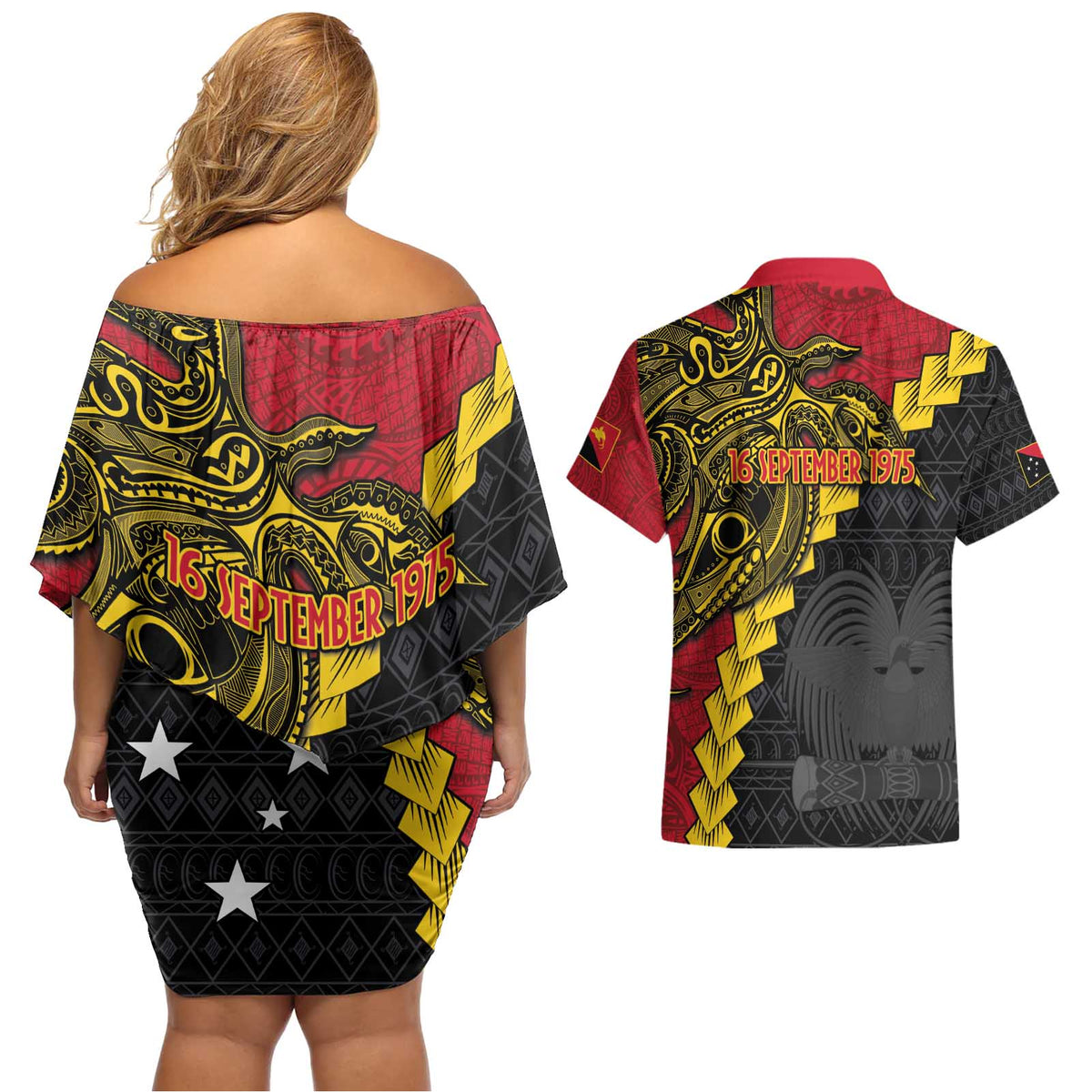Papua New Guinea Independence Day Couples Matching Off Shoulder Short Dress and Hawaiian Shirt Bird-of-paradise Melanesian Tattoo