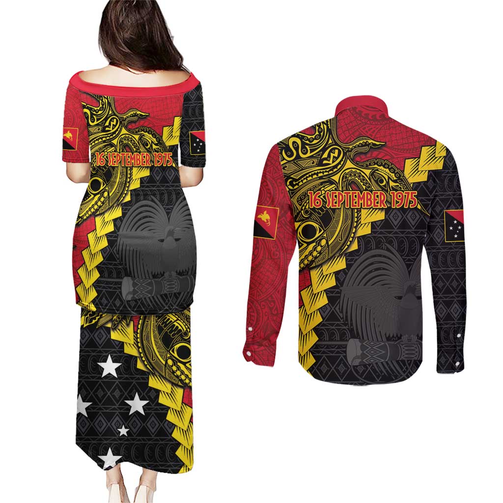 Papua New Guinea Independence Day Couples Matching Puletasi and Long Sleeve Button Shirt Bird-of-paradise Melanesian Tattoo