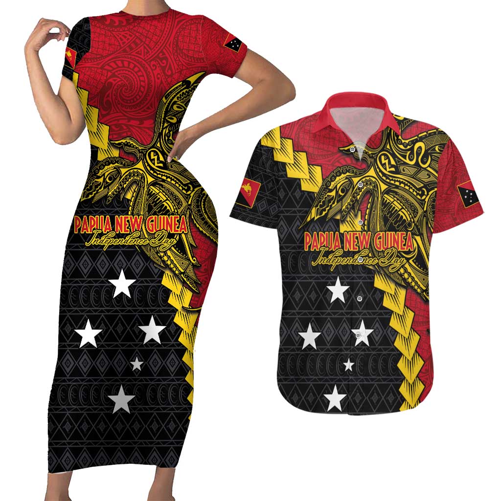 Papua New Guinea Independence Day Couples Matching Short Sleeve Bodycon Dress and Hawaiian Shirt Bird-of-paradise Melanesian Tattoo