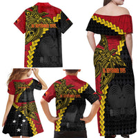 Papua New Guinea Independence Day Family Matching Off Shoulder Maxi Dress and Hawaiian Shirt Bird-of-paradise Melanesian Tattoo