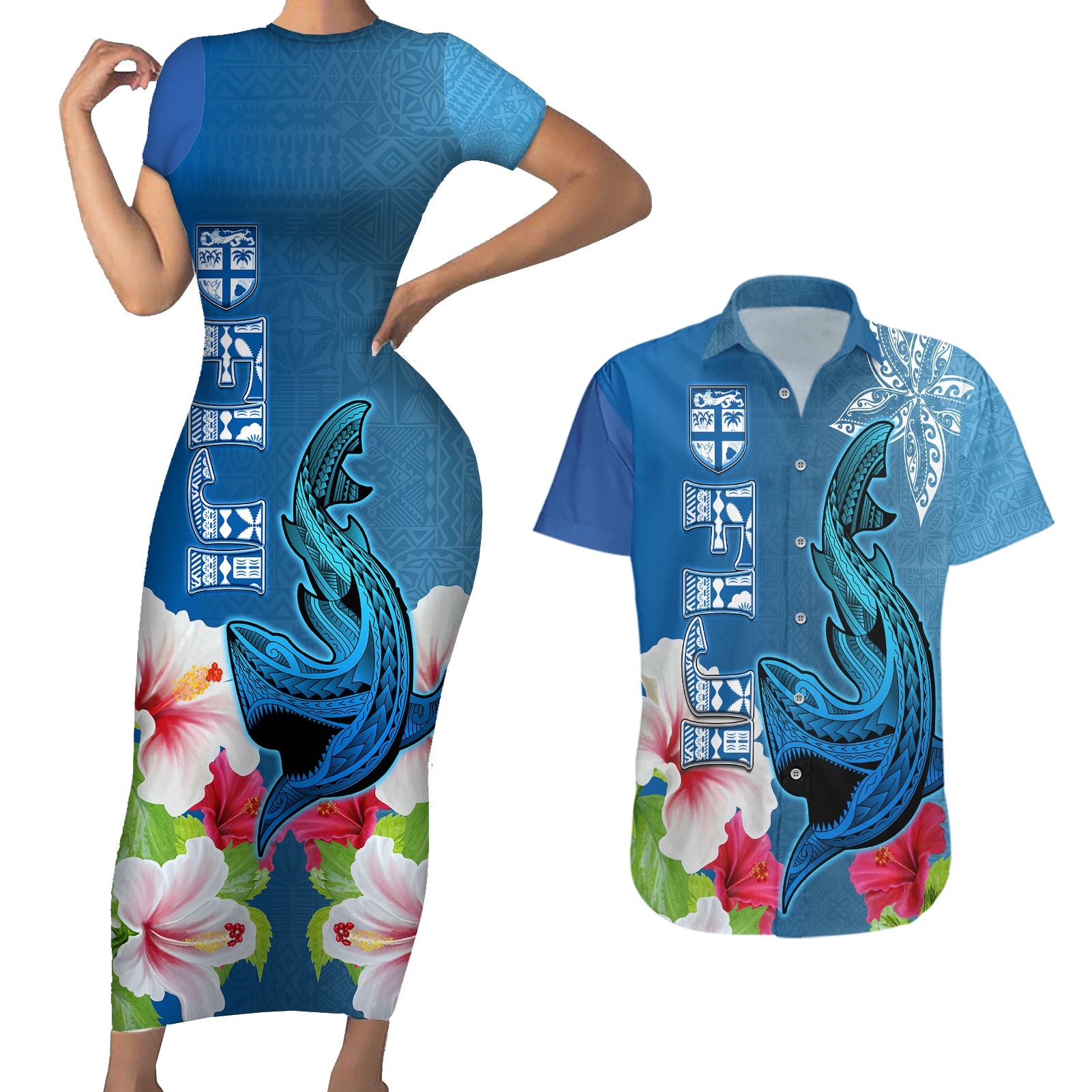 Polynesian Fiji Couples Matching Short Sleeve Bodycon Dress and Hawaiian Shirt Shark and Hibiscus Tapa Pattern Blue Version LT03 Blue - Polynesian Pride