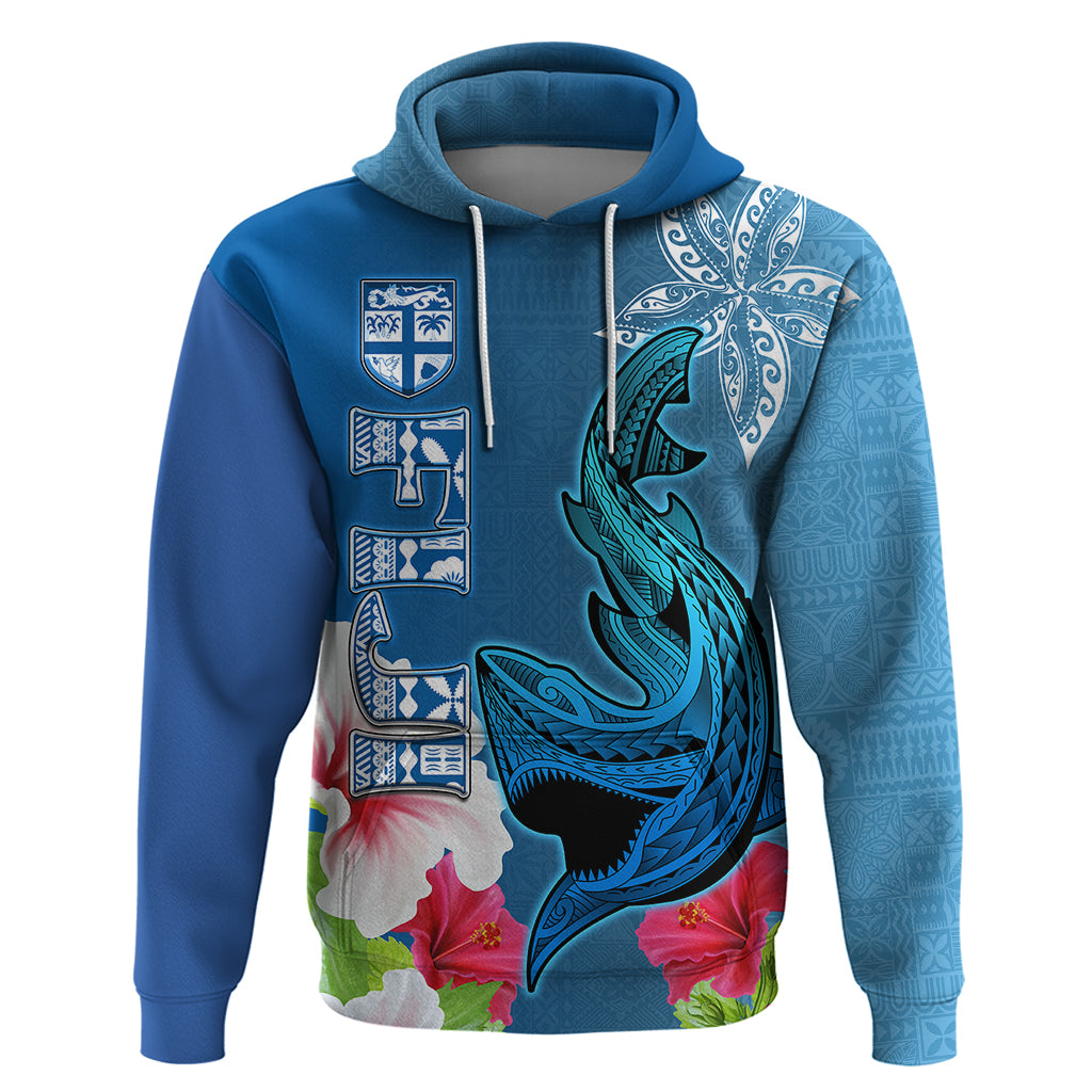 Polynesian Fiji Hoodie Shark and Hibiscus Tapa Pattern Blue Version LT03 Blue - Polynesian Pride