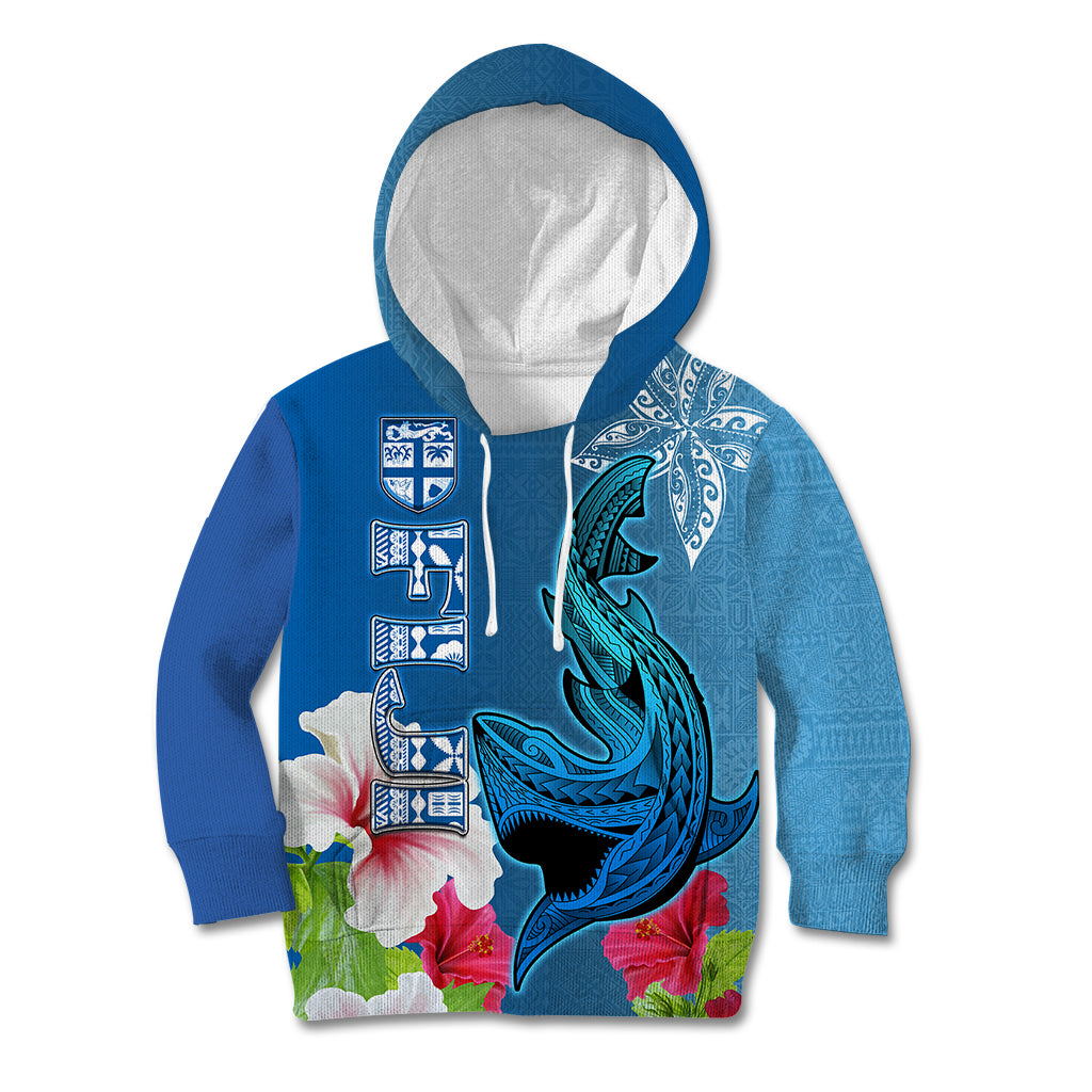 Polynesian Fiji Kid Hoodie Shark and Hibiscus Tapa Pattern Blue Version LT03 Hoodie Blue - Polynesian Pride