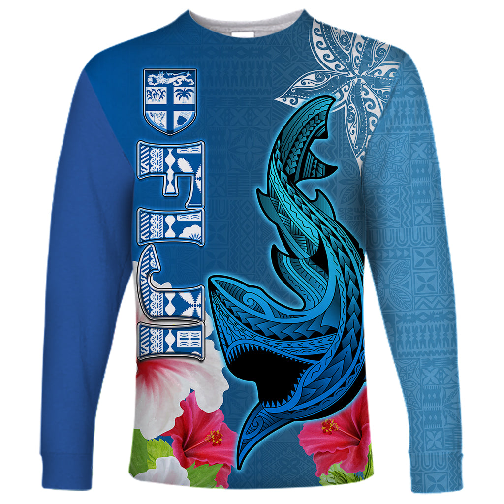 Polynesian Fiji Long Sleeve Shirt Shark and Hibiscus Tapa Pattern Blue Version LT03 Unisex Blue - Polynesian Pride