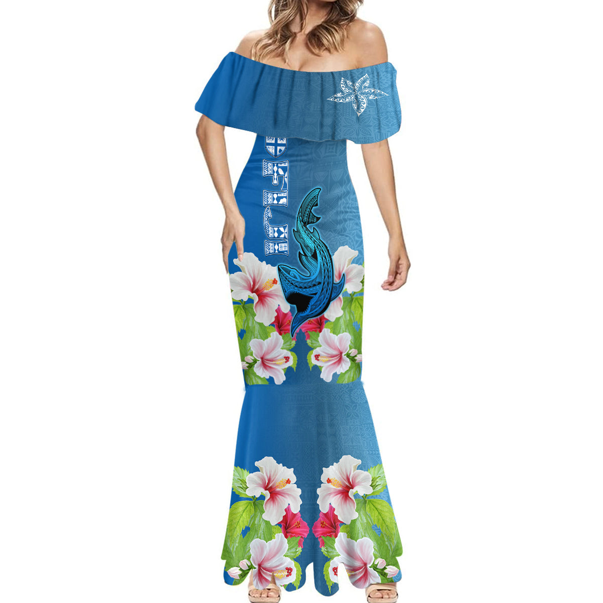 Polynesian Fiji Mermaid Dress Shark and Hibiscus Tapa Pattern Blue Version LT03 - Polynesian Pride