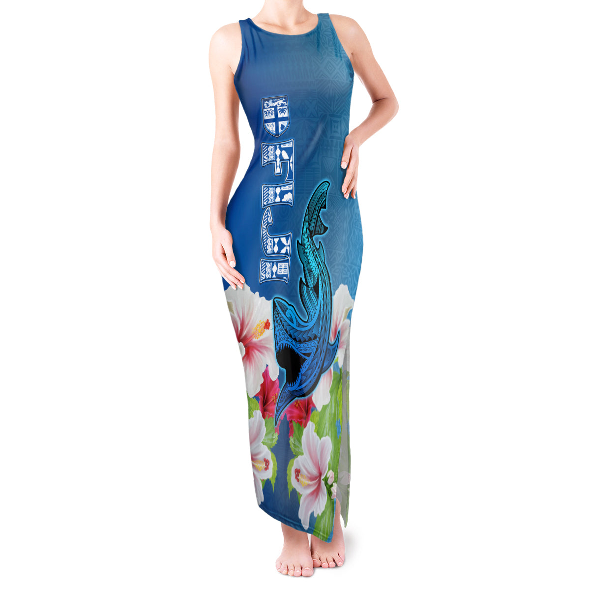 Polynesian Fiji Tank Maxi Dress Shark and Hibiscus Tapa Pattern Blue Version LT03 Women Blue - Polynesian Pride