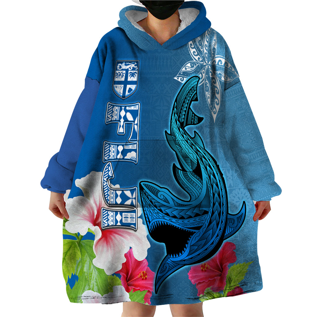 Polynesian Fiji Wearable Blanket Hoodie Shark and Hibiscus Tapa Pattern Blue Version LT03 - Polynesian Pride