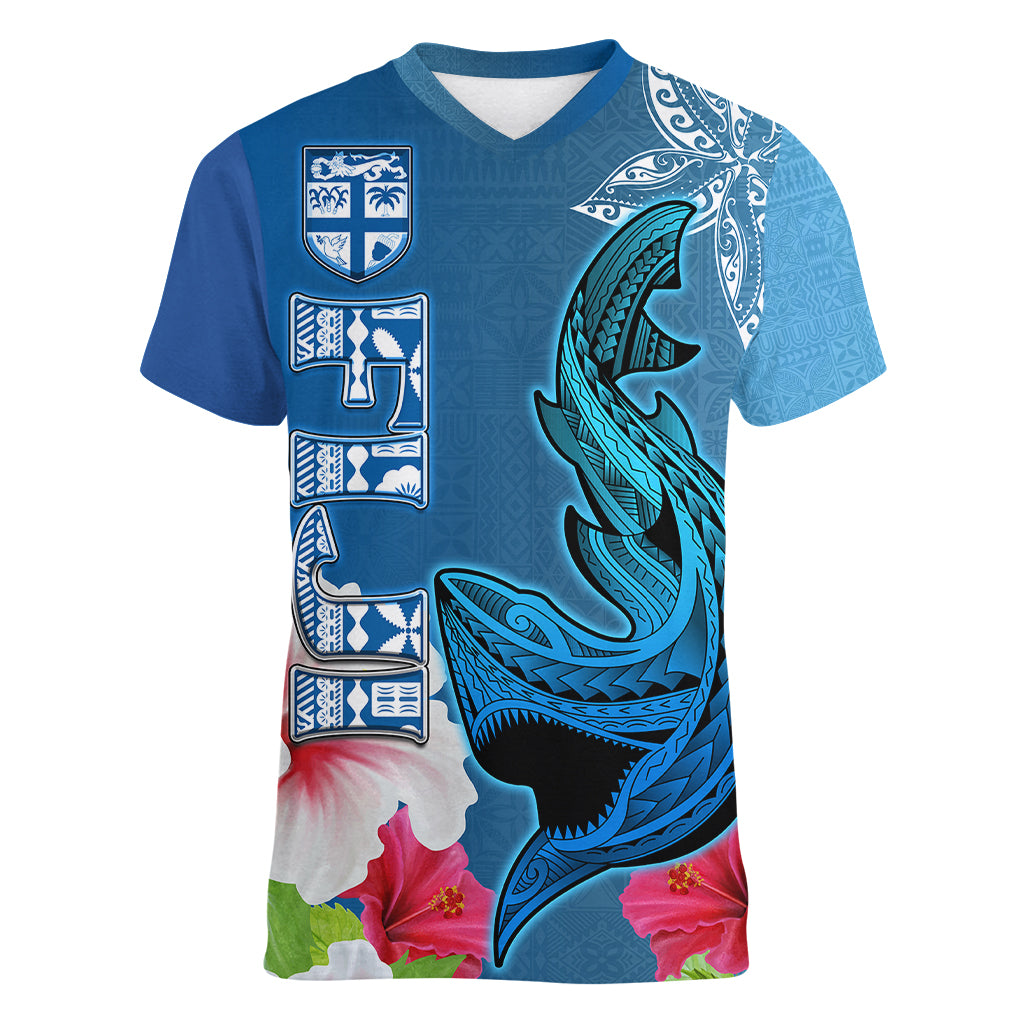 Polynesian Fiji Women V Neck T Shirt Shark and Hibiscus Tapa Pattern Blue Version LT03 Female Blue - Polynesian Pride