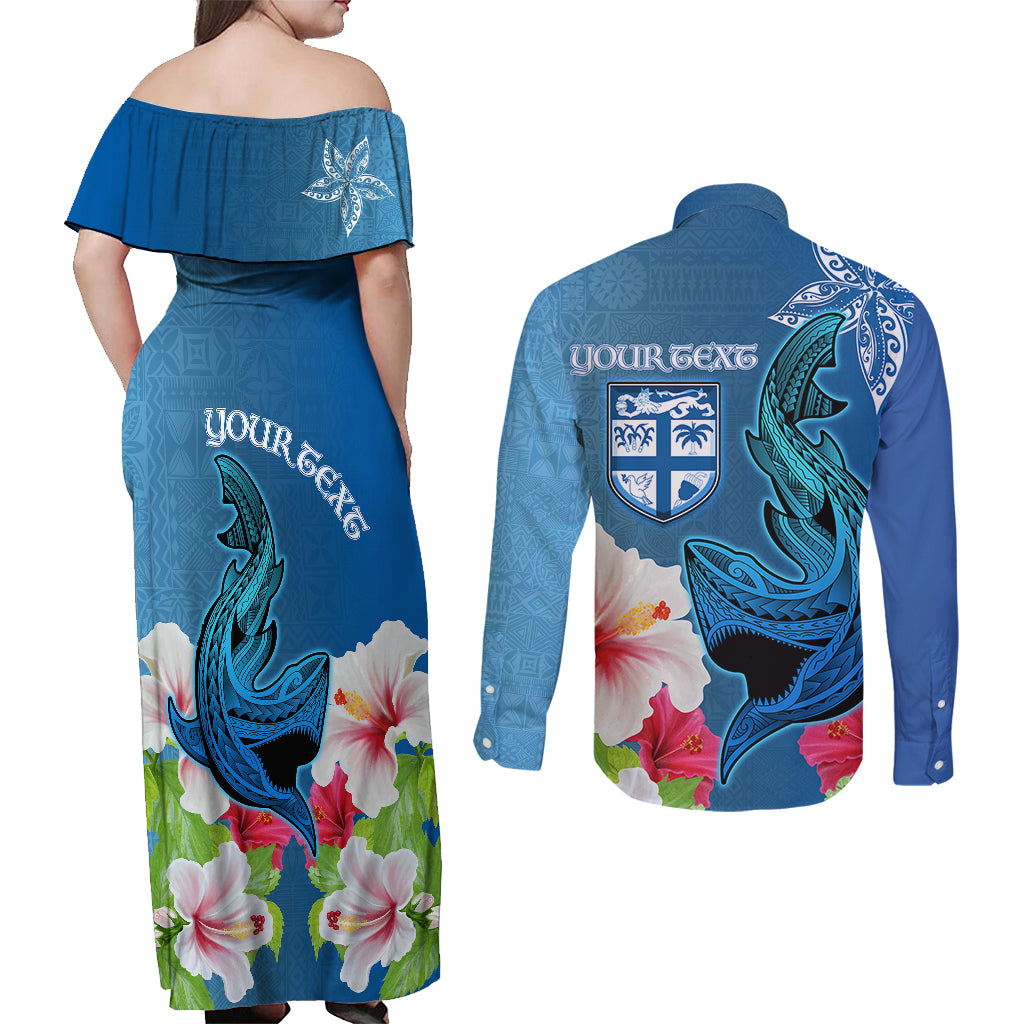 Custom Polynesian Fiji Couples Matching Off Shoulder Maxi Dress and Long Sleeve Button Shirts Shark and Hibiscus Tapa Pattern Blue Version LT03 - Polynesian Pride