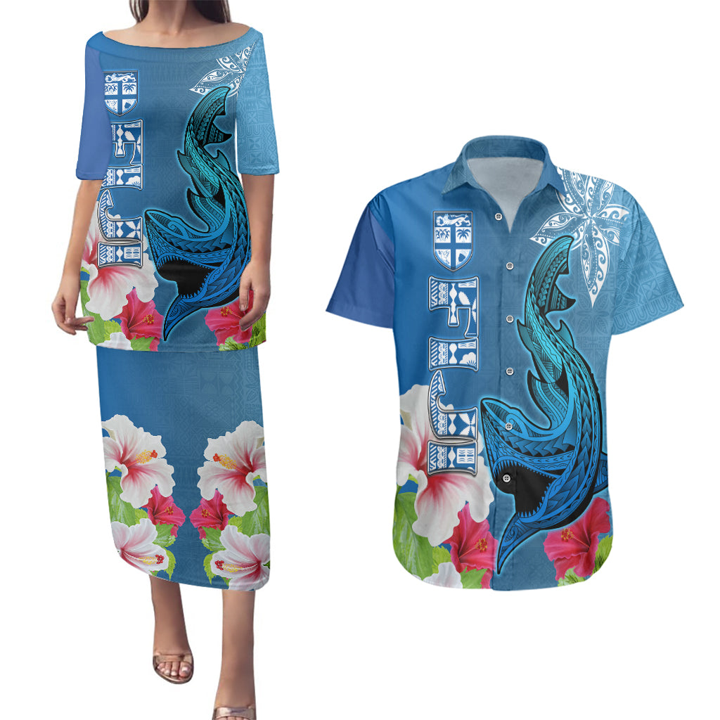 Custom Polynesian Fiji Couples Matching Puletasi Dress and Hawaiian Shirt Shark and Hibiscus Tapa Pattern Blue Version LT03 Blue - Polynesian Pride