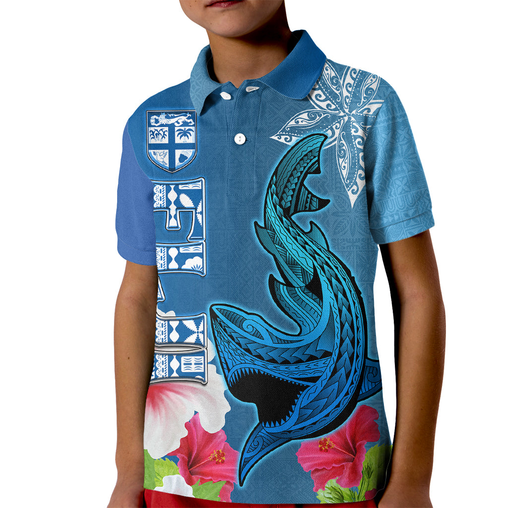 Custom Polynesian Fiji Kid Polo Shirt Shark and Hibiscus Tapa Pattern Blue Version LT03 Kid Blue - Polynesian Pride