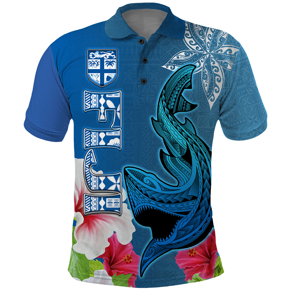 Custom Polynesian Fiji Polo Shirt Shark and Hibiscus Tapa Pattern Blue Version LT03 Blue - Polynesian Pride