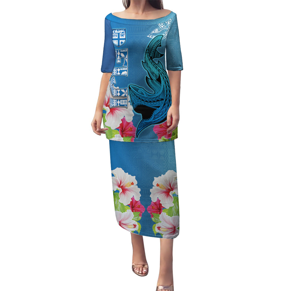 Custom Polynesian Fiji Puletasi Shark and Hibiscus Tapa Pattern Blue Version LT03 Long Dress Blue - Polynesian Pride