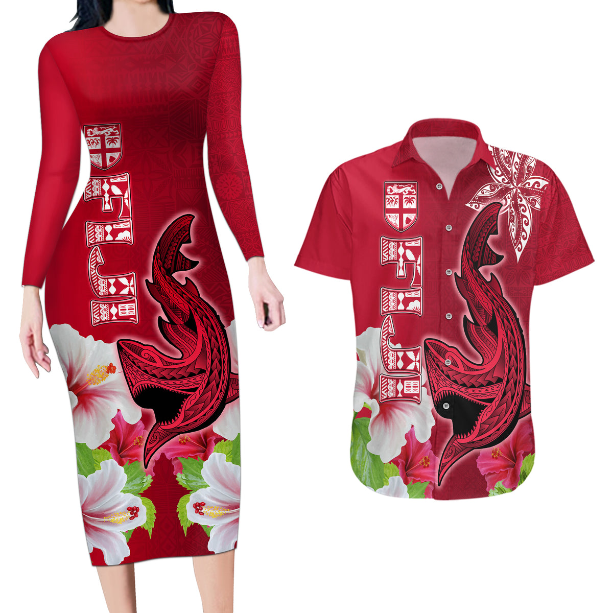 Polynesian Fiji Couples Matching Long Sleeve Bodycon Dress and Hawaiian Shirt Shark and Hibiscus Tapa Pattern Red Version LT03 Red - Polynesian Pride