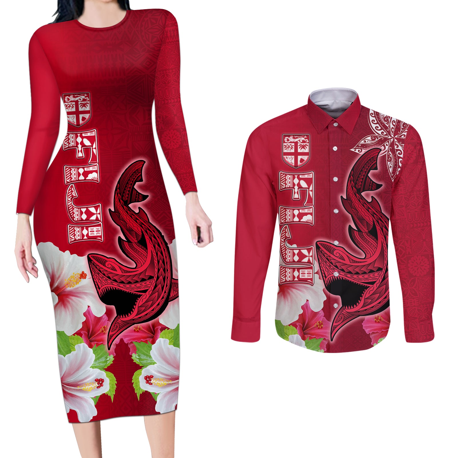 Polynesian Fiji Couples Matching Long Sleeve Bodycon Dress and Long Sleeve Button Shirts Shark and Hibiscus Tapa Pattern Red Version LT03 Red - Polynesian Pride