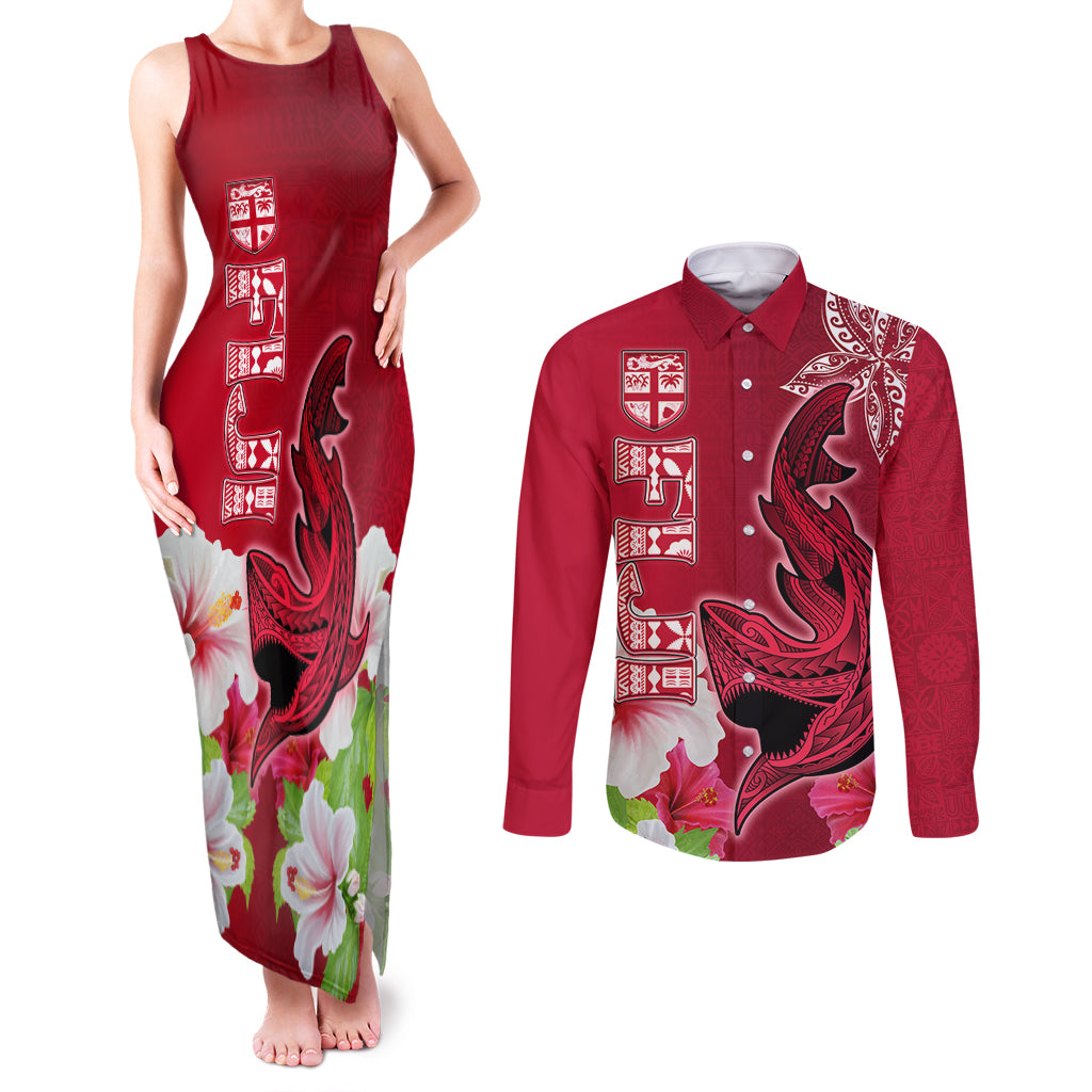 Polynesian Fiji Couples Matching Tank Maxi Dress and Long Sleeve Button Shirts Shark and Hibiscus Tapa Pattern Red Version LT03 Red - Polynesian Pride