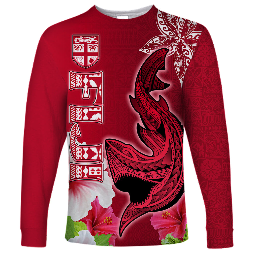 Polynesian Fiji Long Sleeve Shirt Shark and Hibiscus Tapa Pattern Red Version LT03 Unisex Red - Polynesian Pride