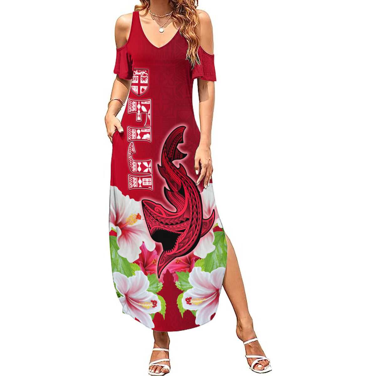 Polynesian Fiji Summer Maxi Dress Shark and Hibiscus Tapa Pattern Red Version LT03 Women Red - Polynesian Pride