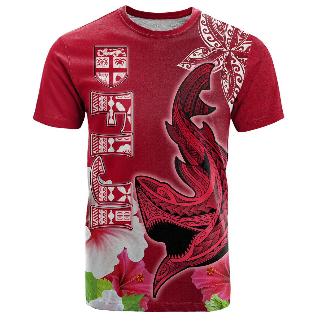 Polynesian Fiji T Shirt Shark and Hibiscus Tapa Pattern Red Version LT03 Red - Polynesian Pride