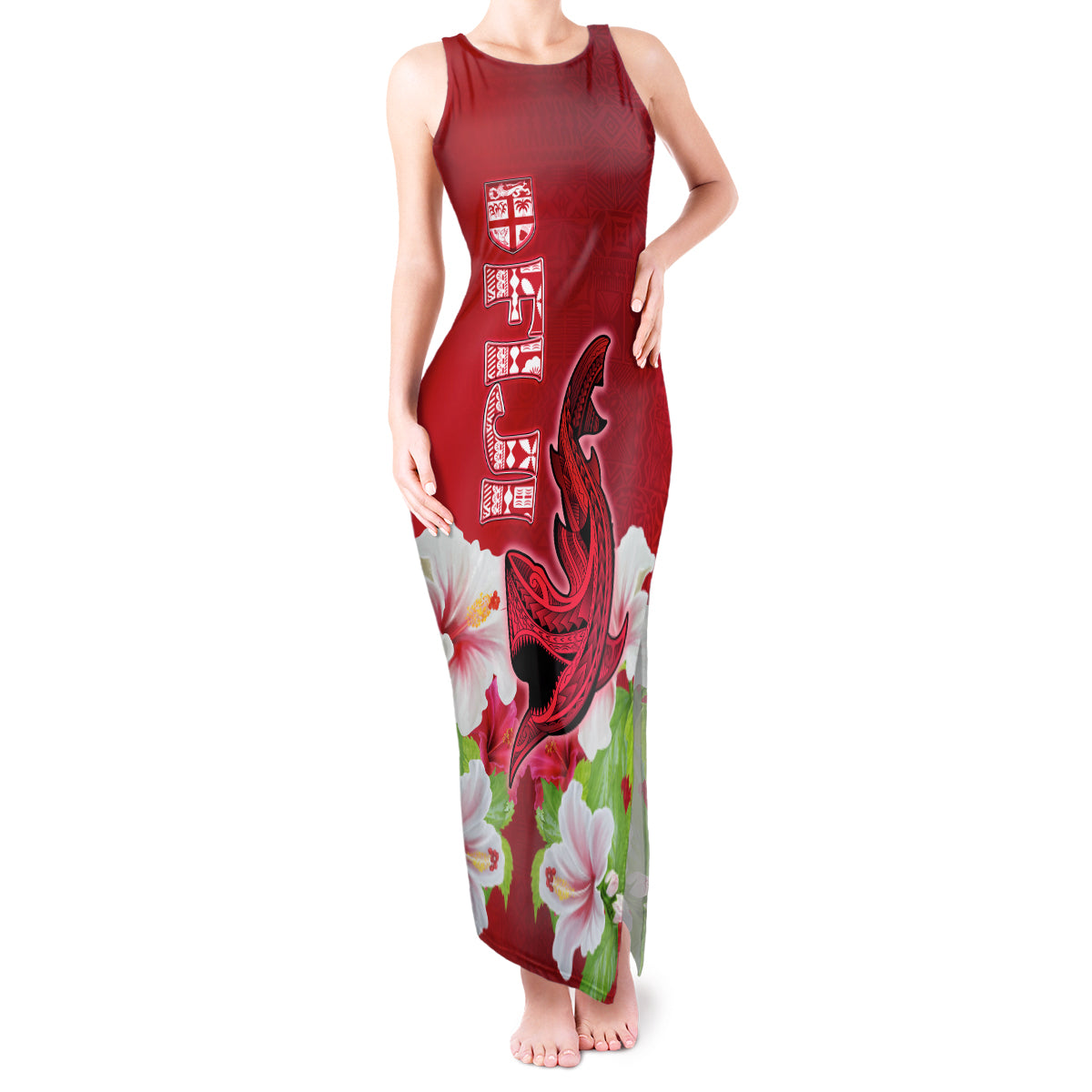 Polynesian Fiji Tank Maxi Dress Shark and Hibiscus Tapa Pattern Red Version LT03 Women Red - Polynesian Pride