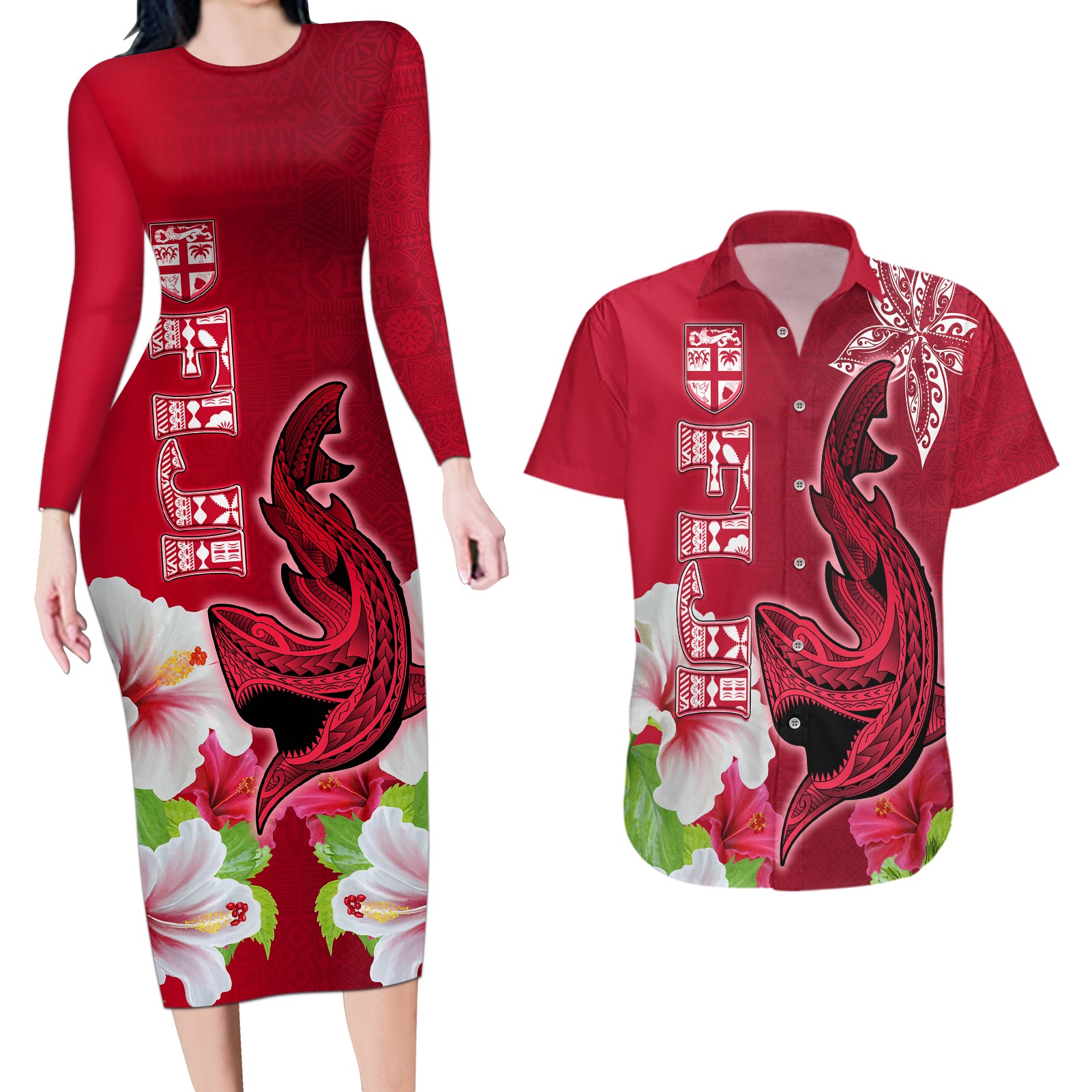 Custom Polynesian Fiji Couples Matching Long Sleeve Bodycon Dress and Hawaiian Shirt Shark and Hibiscus Tapa Pattern Red Version LT03 Red - Polynesian Pride