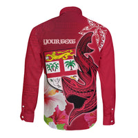 Custom Polynesian Fiji Long Sleeve Button Shirt Shark and Hibiscus Tapa Pattern Red Version LT03 - Polynesian Pride