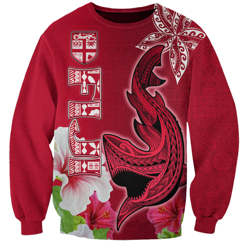 Custom Polynesian Fiji Sweatshirt Shark and Hibiscus Tapa Pattern Red Version LT03 Unisex Red - Polynesian Pride