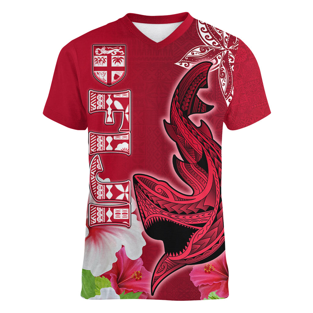 Custom Polynesian Fiji Women V Neck T Shirt Shark and Hibiscus Tapa Pattern Red Version LT03 Female Red - Polynesian Pride