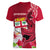 Custom Polynesian Fiji Women V Neck T Shirt Shark and Hibiscus Tapa Pattern Red Version LT03 - Polynesian Pride