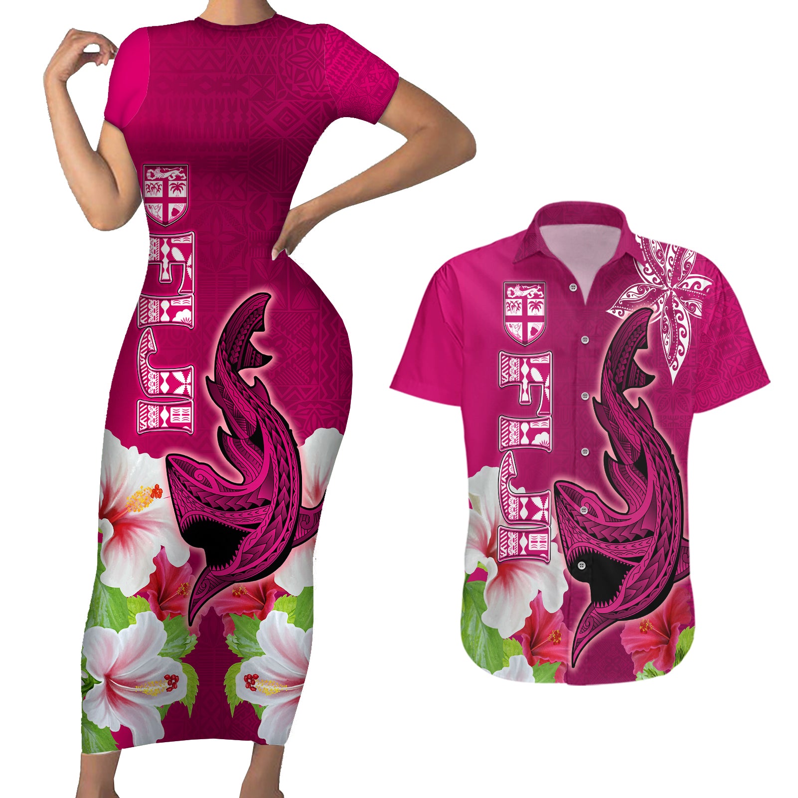 Polynesian Fiji Couples Matching Short Sleeve Bodycon Dress and Hawaiian Shirt Shark and Hibiscus Tapa Pattern Purple Version LT03 Pink - Polynesian Pride