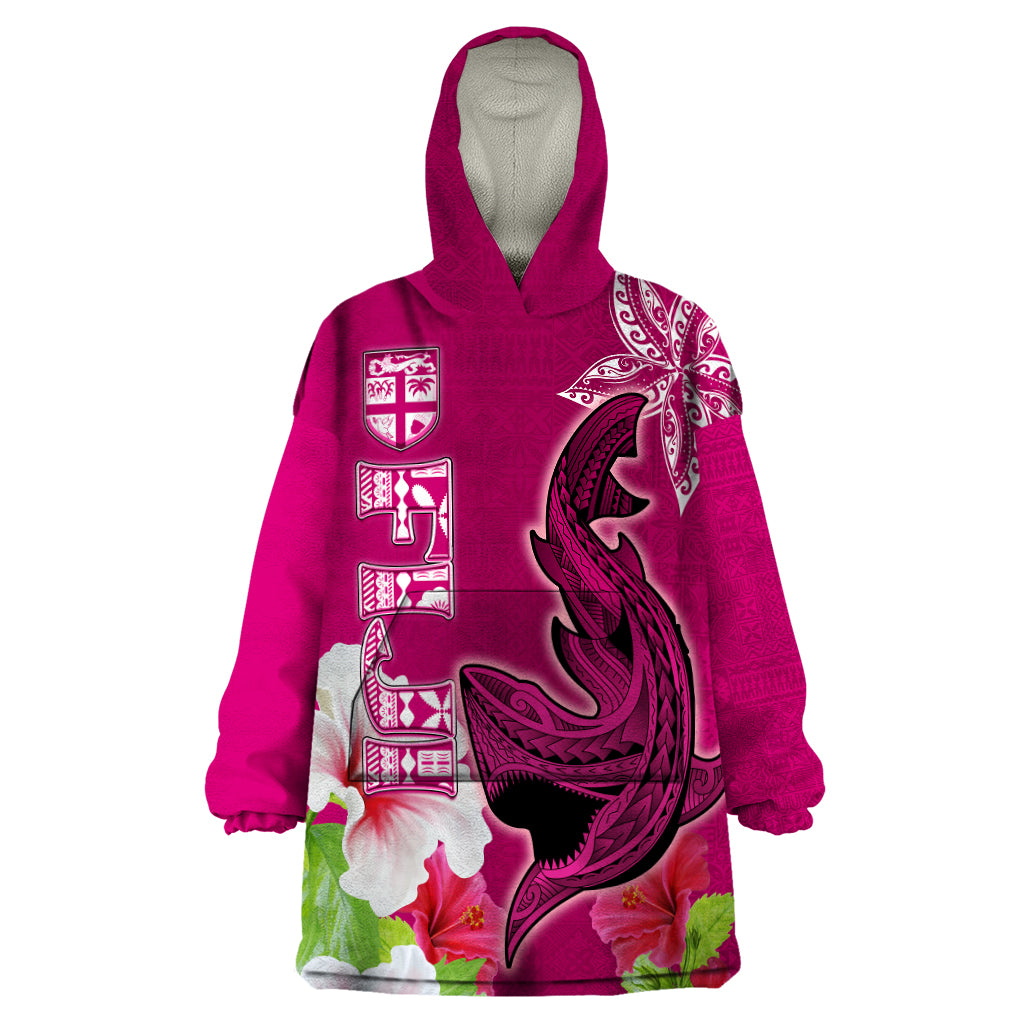 Polynesian Fiji Wearable Blanket Hoodie Shark and Hibiscus Tapa Pattern Purple Version LT03 One Size Pink - Polynesian Pride