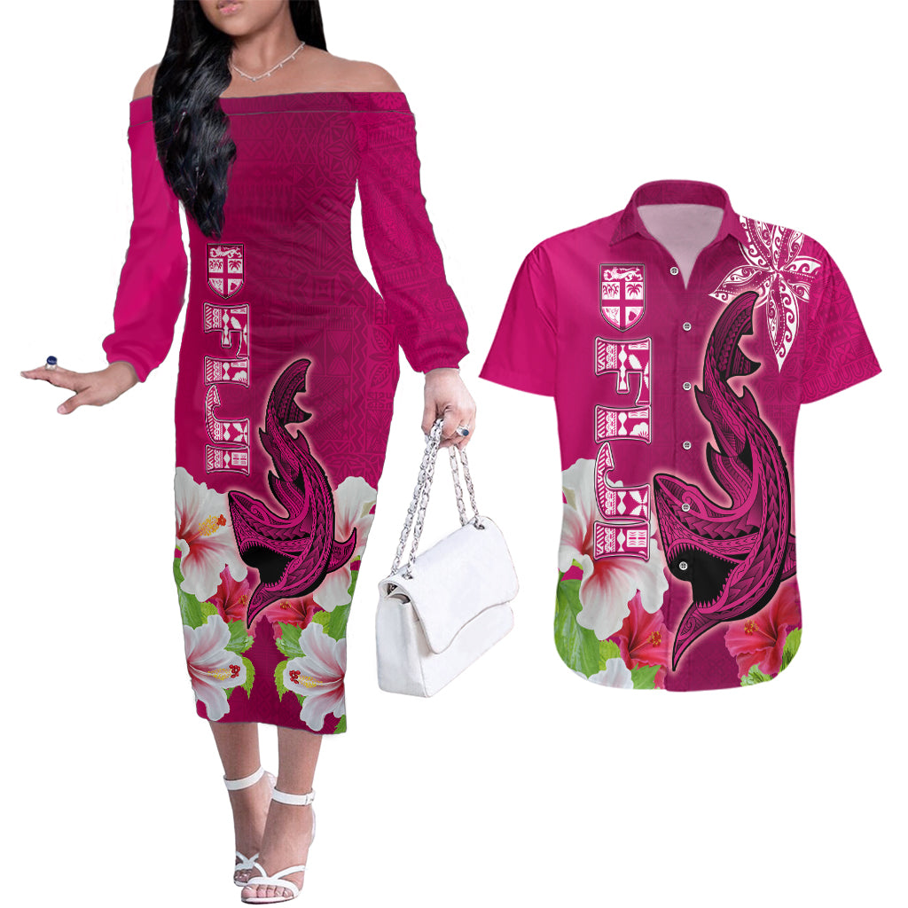 Custom Polynesian Fiji Couples Matching Off The Shoulder Long Sleeve Dress and Hawaiian Shirt Shark and Hibiscus Tapa Pattern Purple Version LT03 Pink - Polynesian Pride