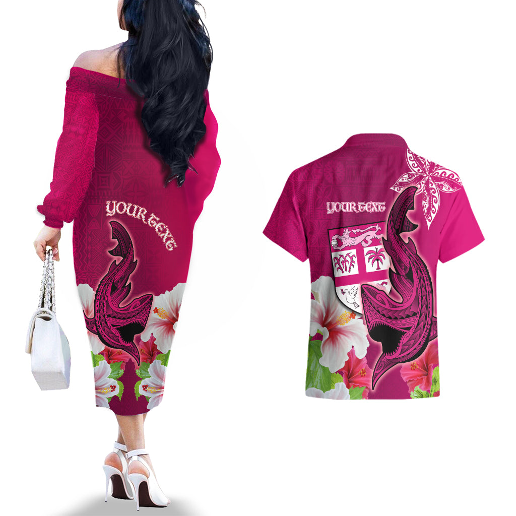 Custom Polynesian Fiji Couples Matching Off The Shoulder Long Sleeve Dress and Hawaiian Shirt Shark and Hibiscus Tapa Pattern Purple Version LT03 - Polynesian Pride