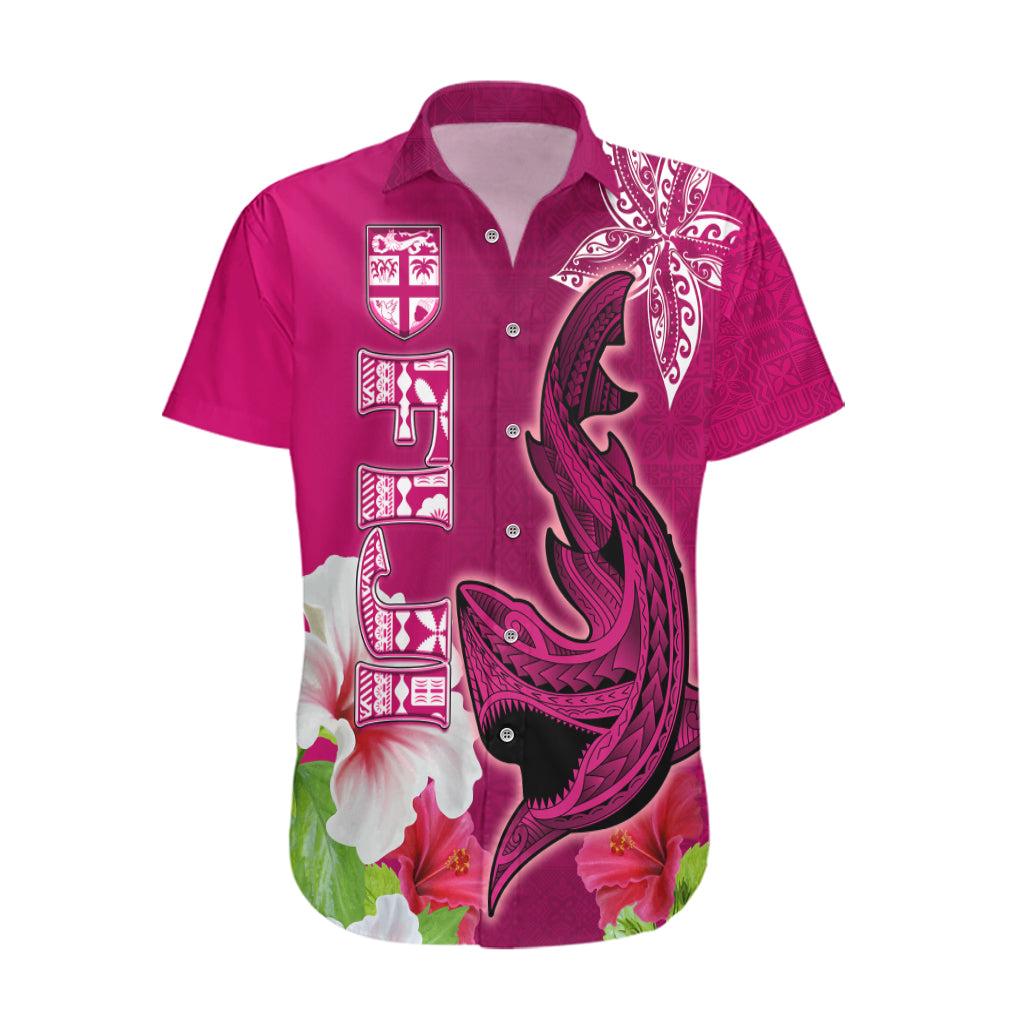 Custom Polynesian Fiji Hawaiian Shirt Shark and Hibiscus Tapa Pattern Purple Version LT03 Pink - Polynesian Pride