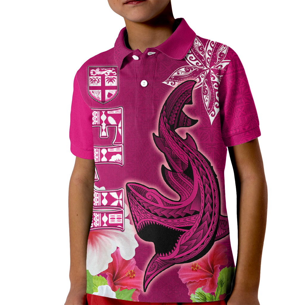 Custom Polynesian Fiji Kid Polo Shirt Shark and Hibiscus Tapa Pattern Purple Version LT03 Kid Pink - Polynesian Pride