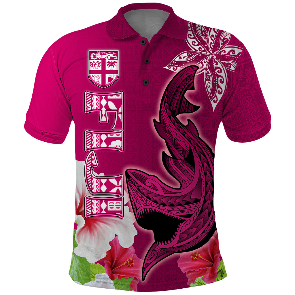 Custom Polynesian Fiji Polo Shirt Shark and Hibiscus Tapa Pattern Purple Version LT03 Pink - Polynesian Pride