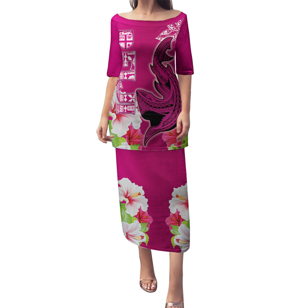 Custom Polynesian Fiji Puletasi Shark and Hibiscus Tapa Pattern Purple Version LT03 Long Dress Pink - Polynesian Pride