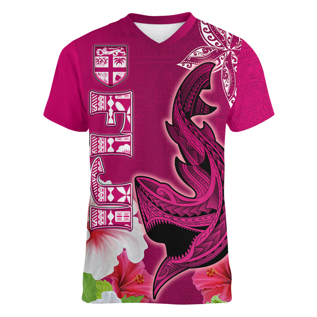 Custom Polynesian Fiji Women V Neck T Shirt Shark and Hibiscus Tapa Pattern Purple Version LT03 Female Pink - Polynesian Pride