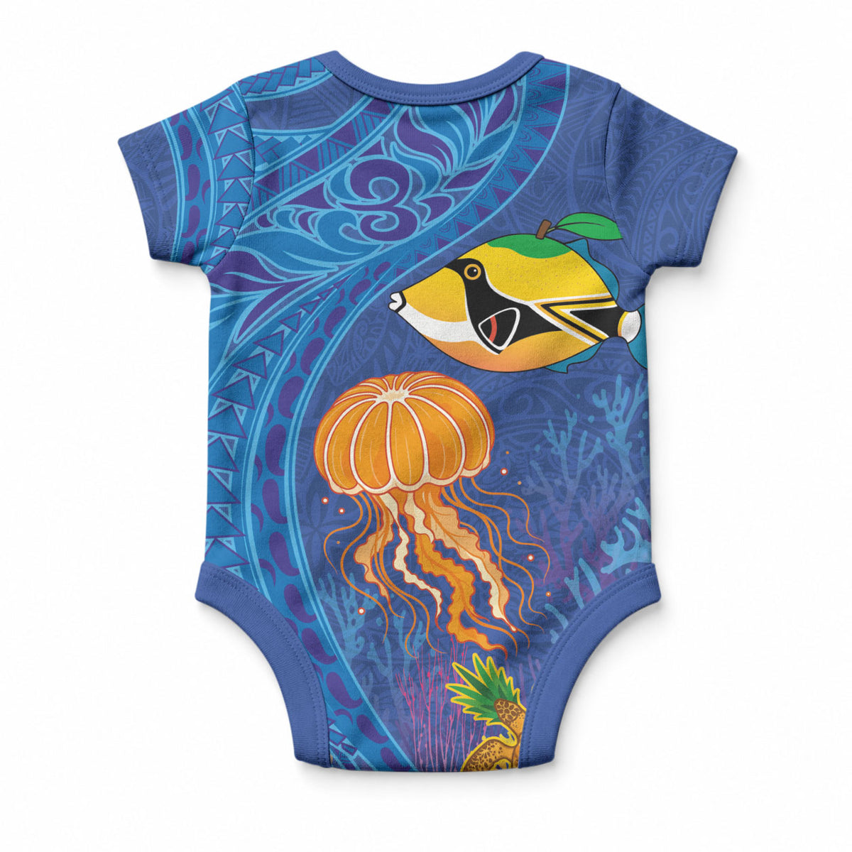 Hawaiian Funny Fruits Sea Animals Baby Onesie Mango Reef Triggerfish and Pineapple Turtle and Mandarin Jellyfish