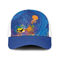Hawaiian Funny Fruits Sea Animals Baseball Net Cap Mango Reef Triggerfish and Pineapple Turtle and Mandarin Jellyfish LT03 One Size White Blue - Polynesian Pride