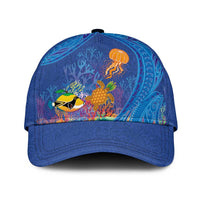 Hawaiian Funny Fruits Sea Animals Classic Cap Mango Reef Triggerfish and Pineapple Turtle and Mandarin Jellyfish LT03 Universal Fit Blue - Polynesian Pride