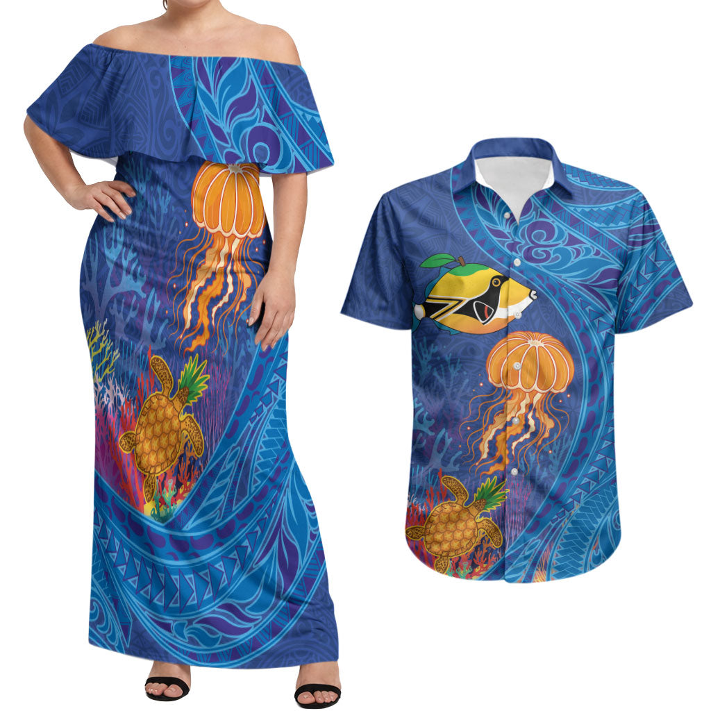 Hawaiian Funny Fruits Sea Animals Couples Matching Off Shoulder Maxi Dress and Hawaiian Shirt Mango Reef Triggerfish and Pineapple Turtle and Mandarin Jellyfish