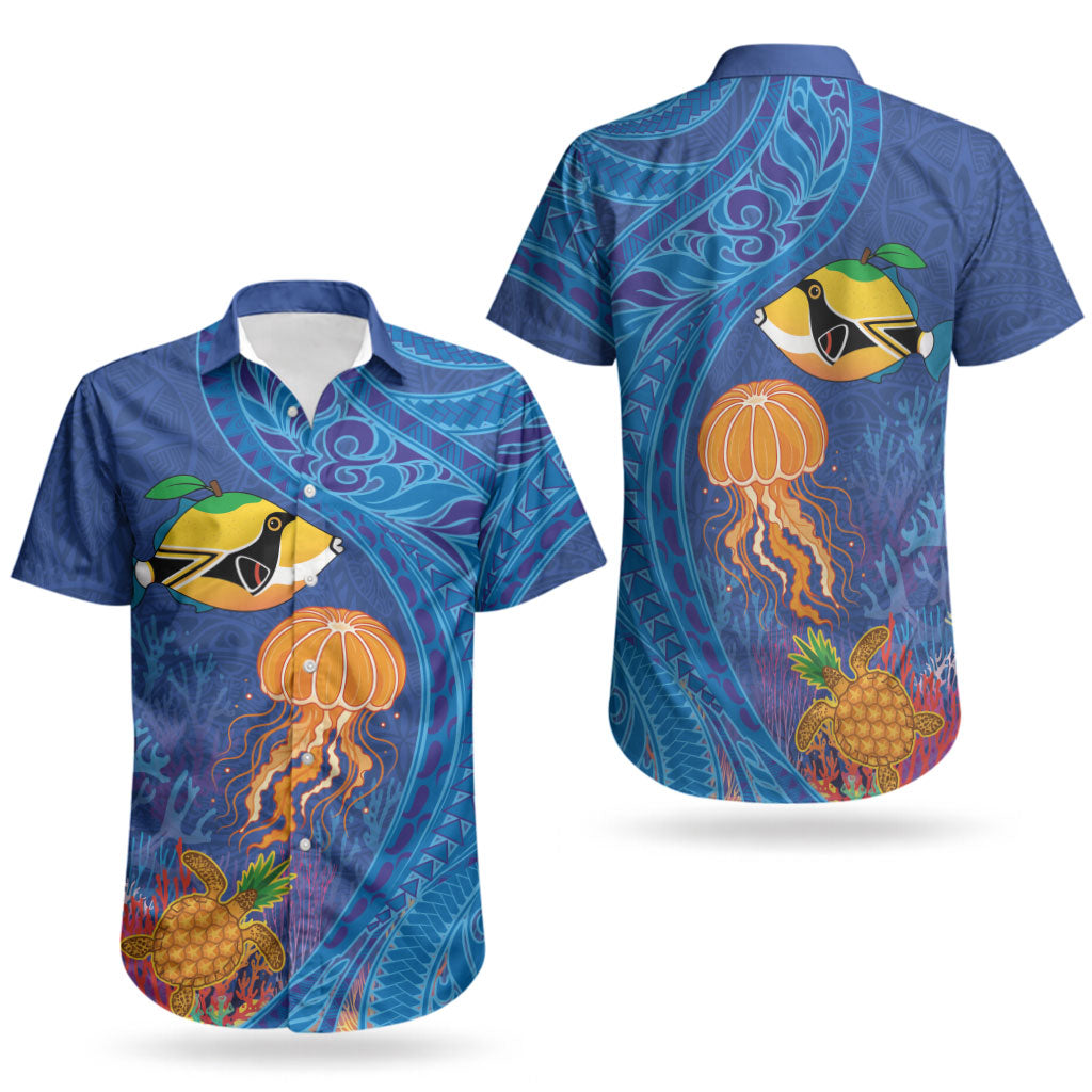 Hawaiian Funny Fruits Sea Animals Couples Matching Off Shoulder Maxi Dress and Hawaiian Shirt Mango Reef Triggerfish and Pineapple Turtle and Mandarin Jellyfish LT03 - Polynesian Pride