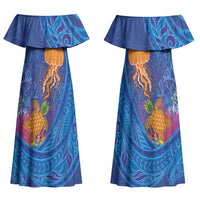 Hawaiian Funny Fruits Sea Animals Couples Matching Off Shoulder Maxi Dress and Hawaiian Shirt Mango Reef Triggerfish and Pineapple Turtle and Mandarin Jellyfish LT03 - Polynesian Pride